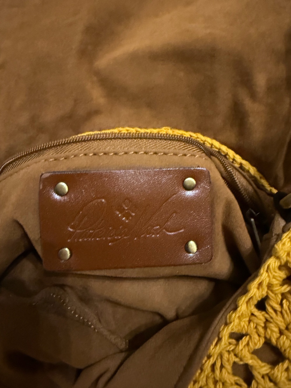 Patricia Nash Mustard Yellow Crochet Crossbody with Brown Strap - Picture 3 of 4